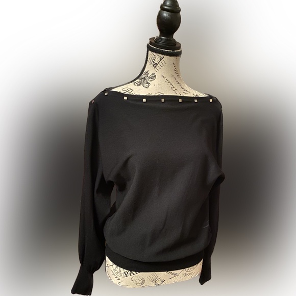 Vintage Black Knit w/Silver Studded Top by French Designer, Leo Guy. SZ L - Picture 3 of 13